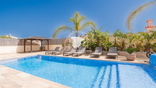 Una piscina con sillas de descanso, una pérgola y plantas tropicales.