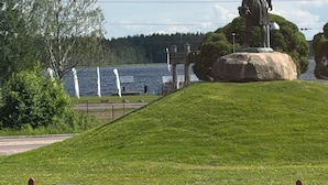 A statue on a grassy hill with a lake and trees in the background. - Målkullorna Hostel (Mora)