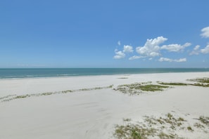 Ein Strand mit weißem Sand und vereinzelter Vegetation.