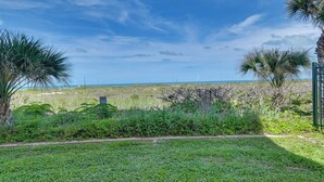 A grassy area with palm trees and a view of the ocean. - Enjoy the Pool & Beach! Cocoa Beach Condo (Cocoa Beach)