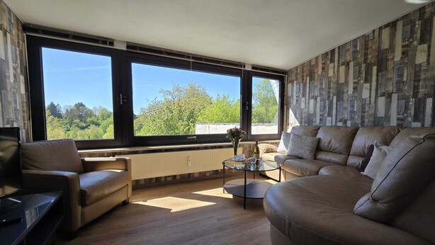 A modern living room with a large window, a sofa, a coffee table, and a TV. - Eifel Pearl Manderscheid 2 (Manderscheid)