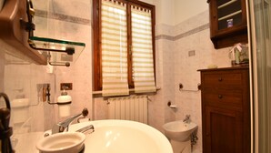 A bathroom with a large sink, a bidet, a wooden cabinet, and a window with striped curtains. - Comfortable and welcoming apartment (Anghiari)