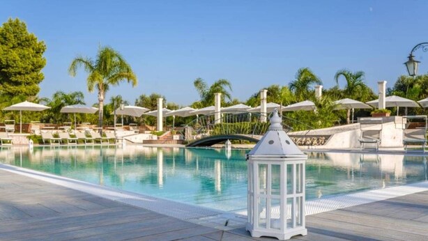 Ein Swimmingpool mit Liegestühlen und Sonnenschirmen, umgeben von Palmen.