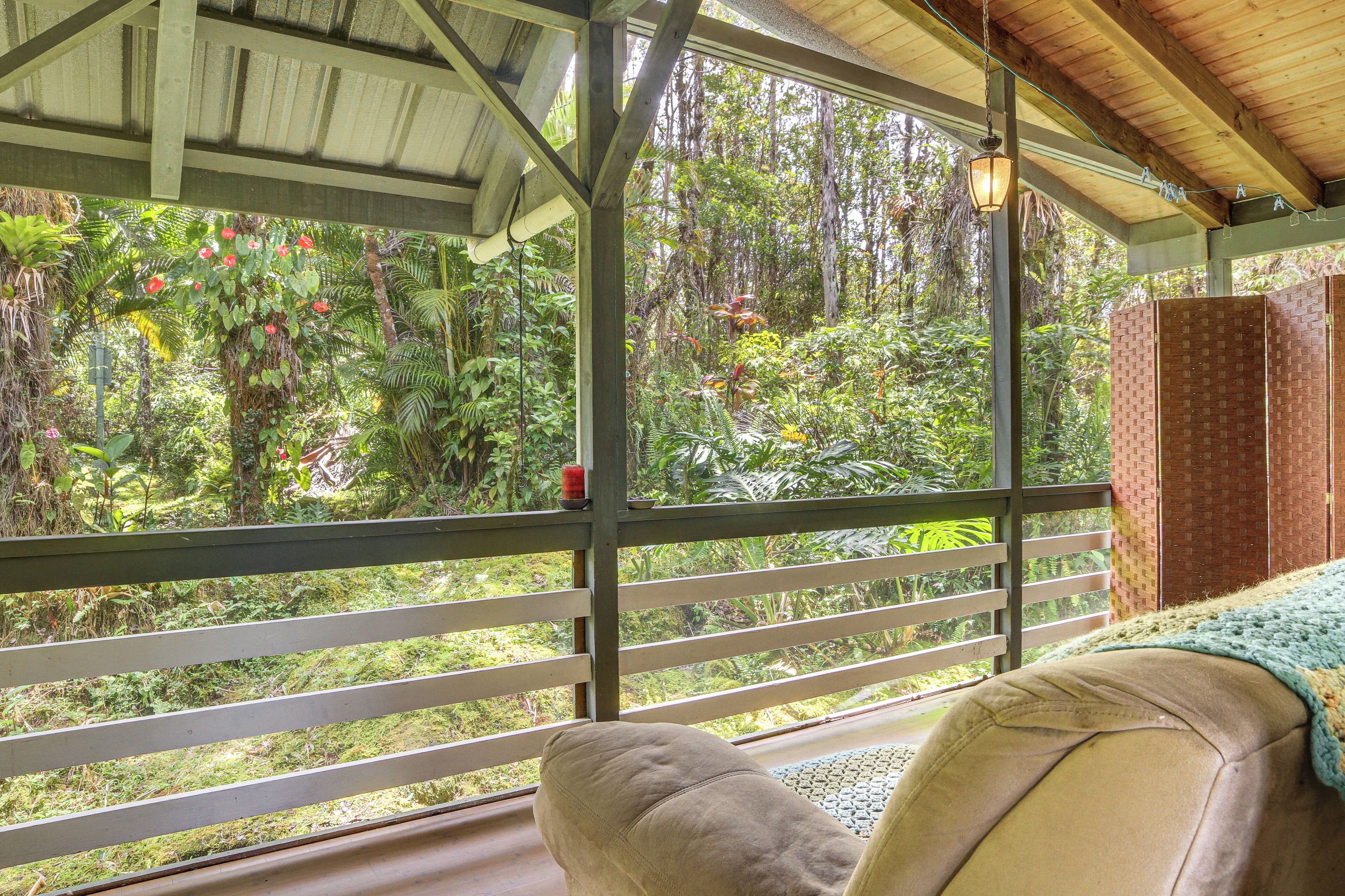A room with a view of a lush garden, a wooden ceiling, and a cushioned bench.