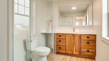 A modern bathroom with a glass shower enclosure, a white toilet, wooden cabinetry, and a large mirror above the sink.