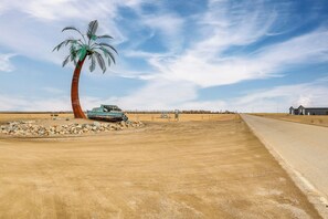 A rural landscape with a dirt road, a palm tree, a blue vehicle, and a building in the distance.