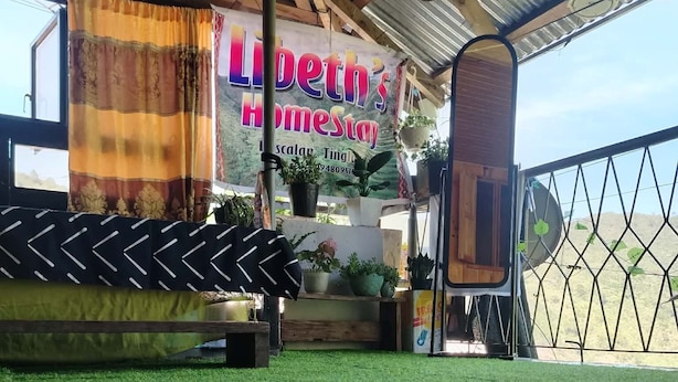 Una habitación con piso de césped artificial, una cama con cubierta estampada, una ventana con cortinas y un letrero que dice 'Libeth's Homestay'.