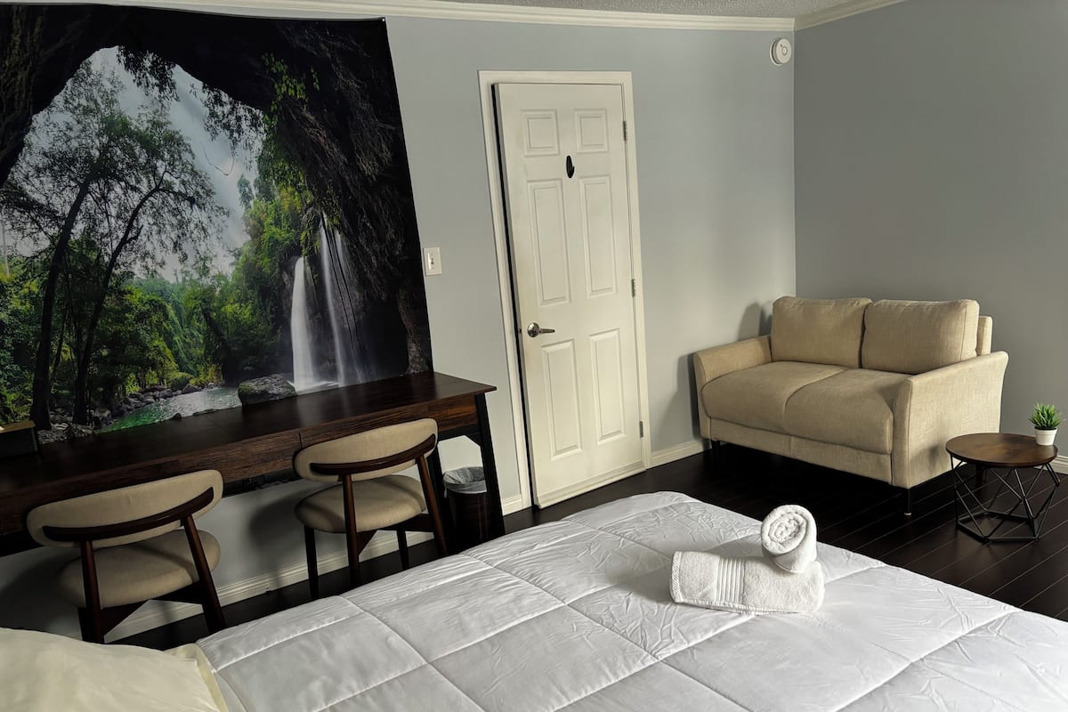 Habitación de hotel con cama, escritorio con sillas, sofá, una mesita con planta y una puerta.