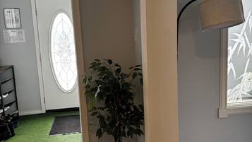 A room with a potted plant, a door with a frosted glass window, a wall-mounted lamp, and a wooden floor.
