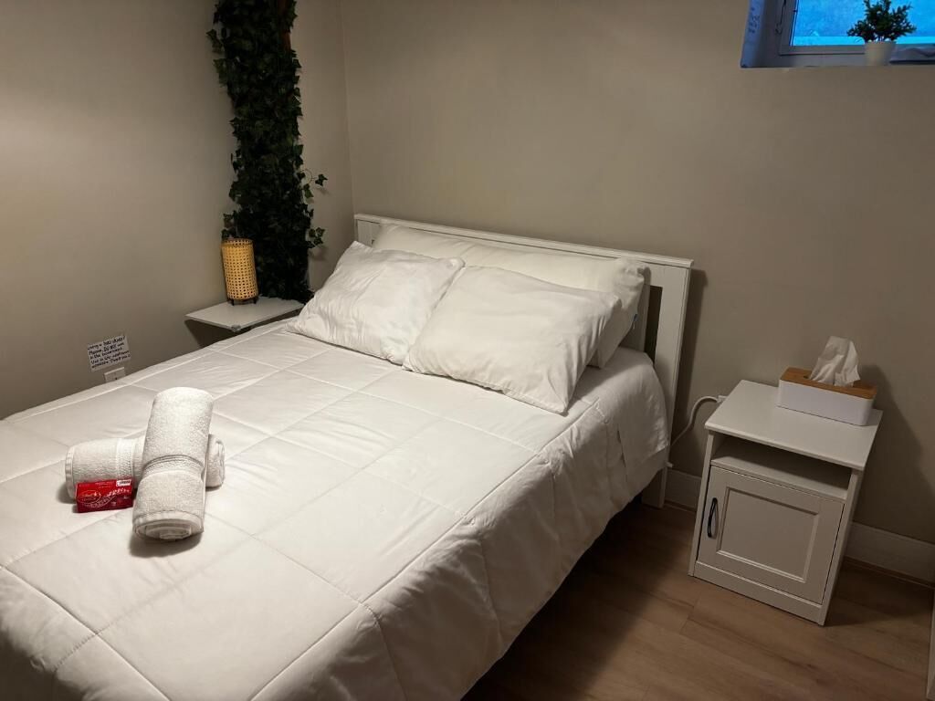 Un lit bien fait, avec du linge de lit blanc, une table de chevet sur laquelle se trouve une boîte de mouchoirs, une petite armoire et une plante accrochée au mur.