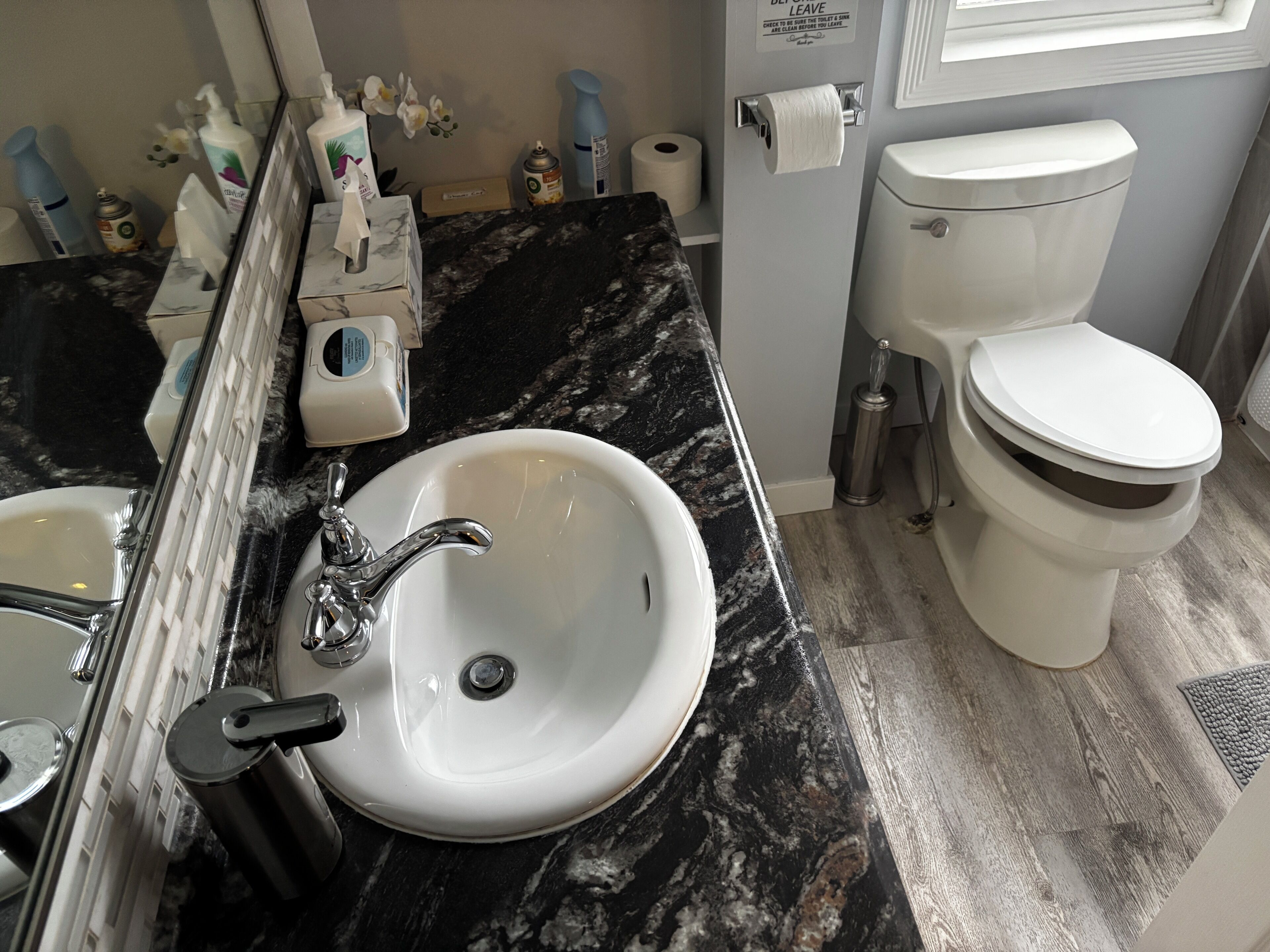 Ein Badezimmer mit einem weißen Waschbecken, einem Spiegel, einer Toilette und einer Marmorarbeitsplatte.
