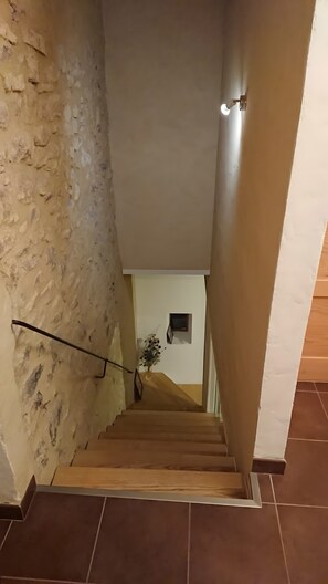 Una scala con corrimano, un muro dalla superficie irregolare e una piccola finestra con una pianta.