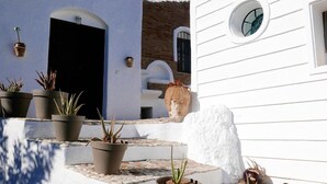 A white building with a black door, potted plants, and a stone pathway.