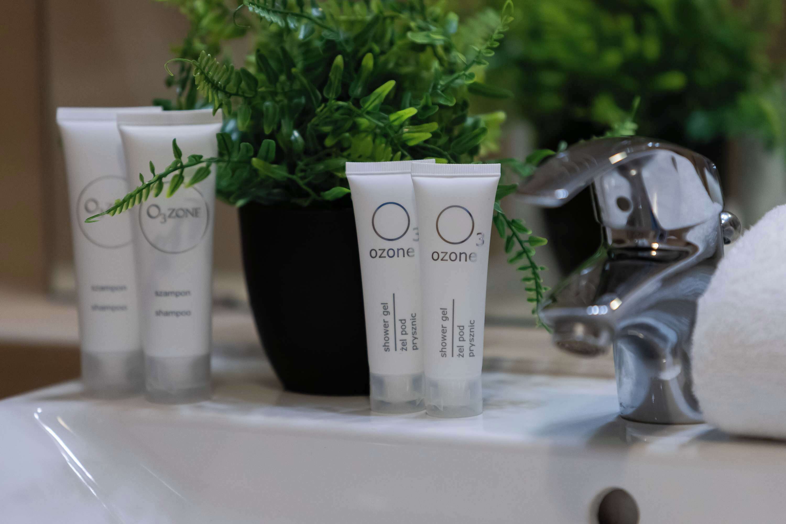 Une salle de bain avec un lavabo, une plante en pot et deux tubes de gel douche à l’ozone.