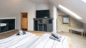 A high-ceilinged room with a TV, a fireplace, and a stone wall. - Wonderful private villa for 10 guests with TV and terrace (Rittersdorf)