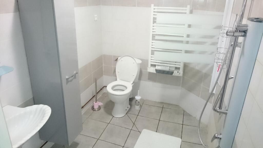 A bathroom with a toilet, a shower, and a sink.
