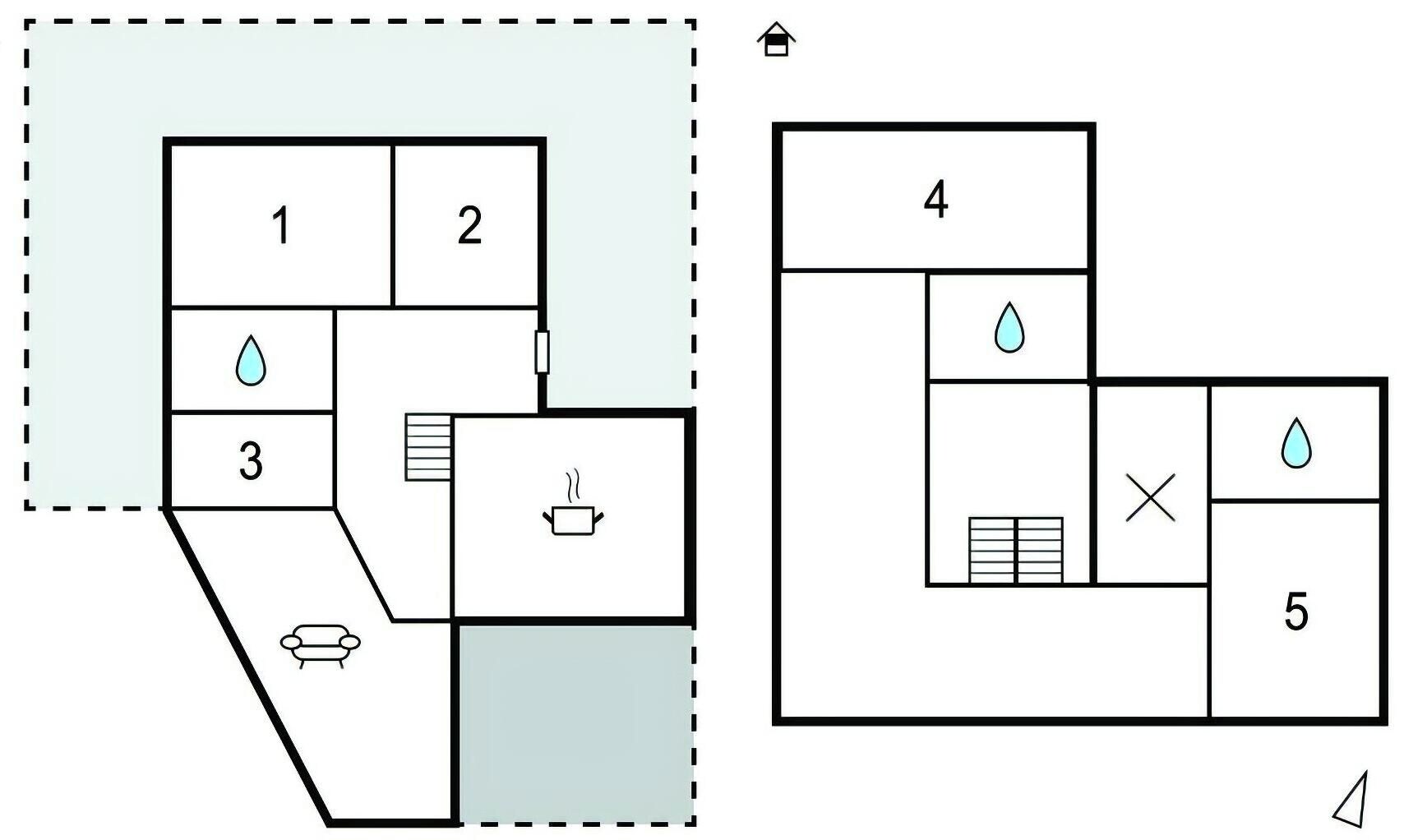 Een plattegrond met vijf nummers van kamers, waaronder een badkamer en een kitchenette.