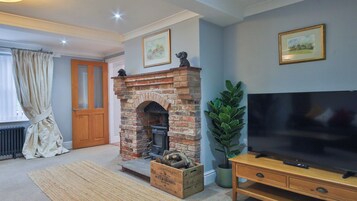 Una sala de estar con chimenea de ladrillo, televisor y una planta en maceta.