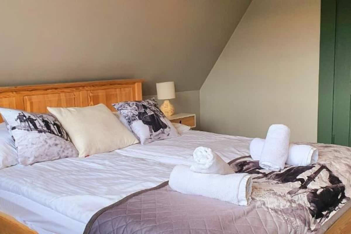Una cama bien hecha con almohadas y una manta, un cabecero de madera, una mesita de noche con una lámpara y una puerta verde.