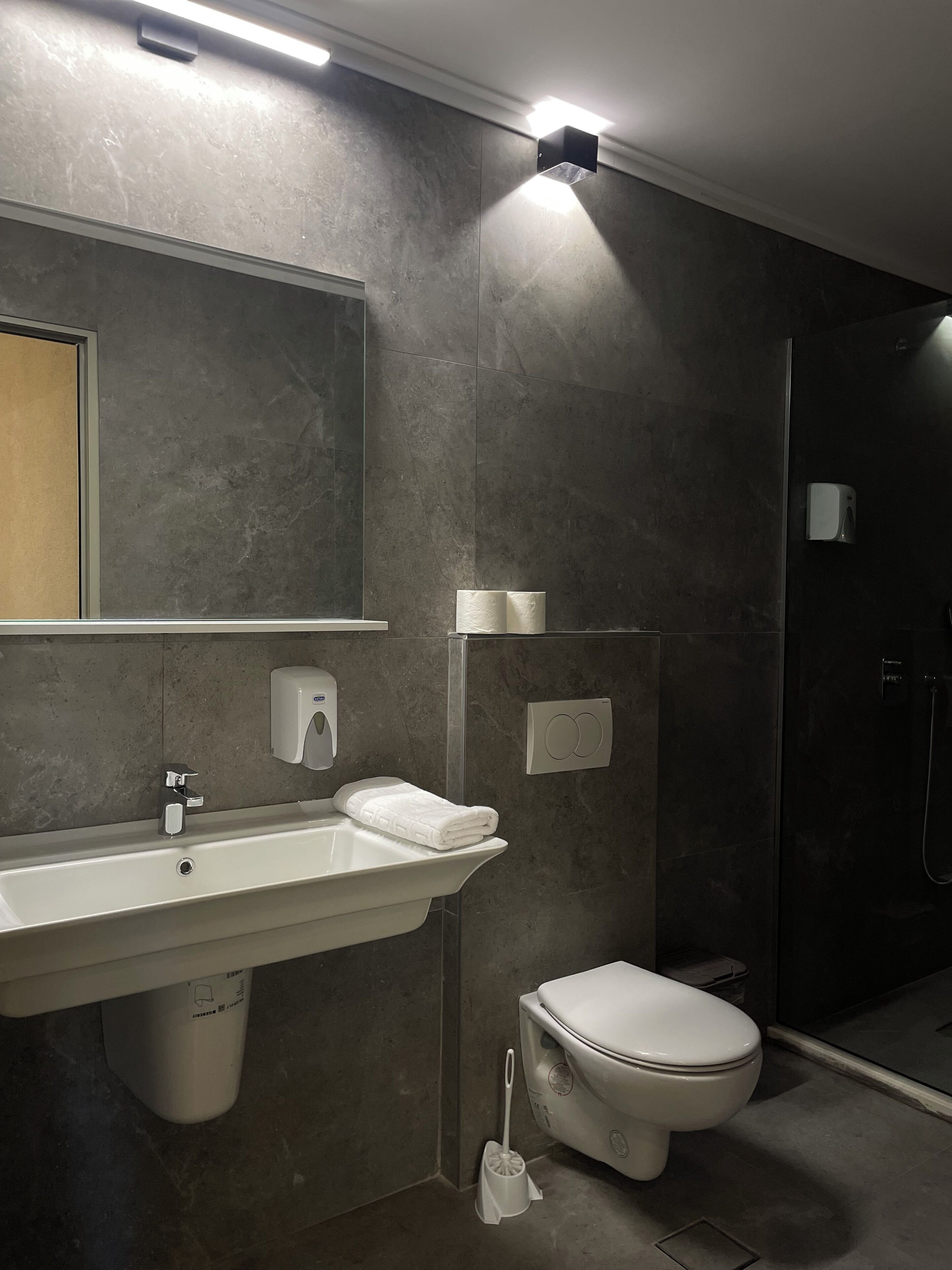 A modern bathroom with a sink, toilet, and shower.