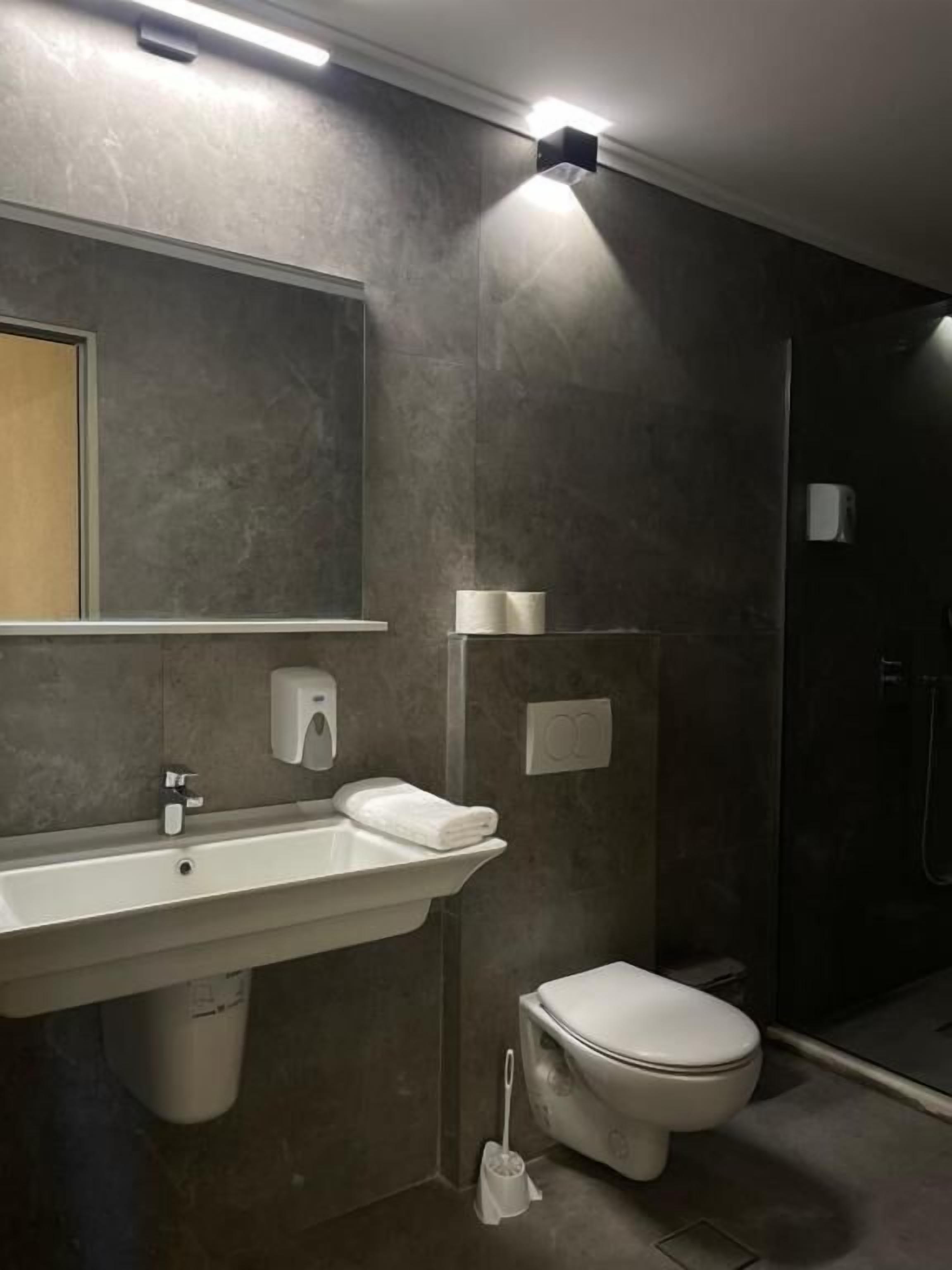 A bathroom with a sink, toilet, and shower.