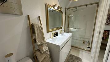 Shower, hair dryer, towels