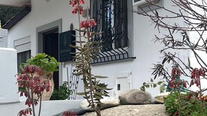 A building with a white exterior, a black wrought iron gate, and a stone pathway.