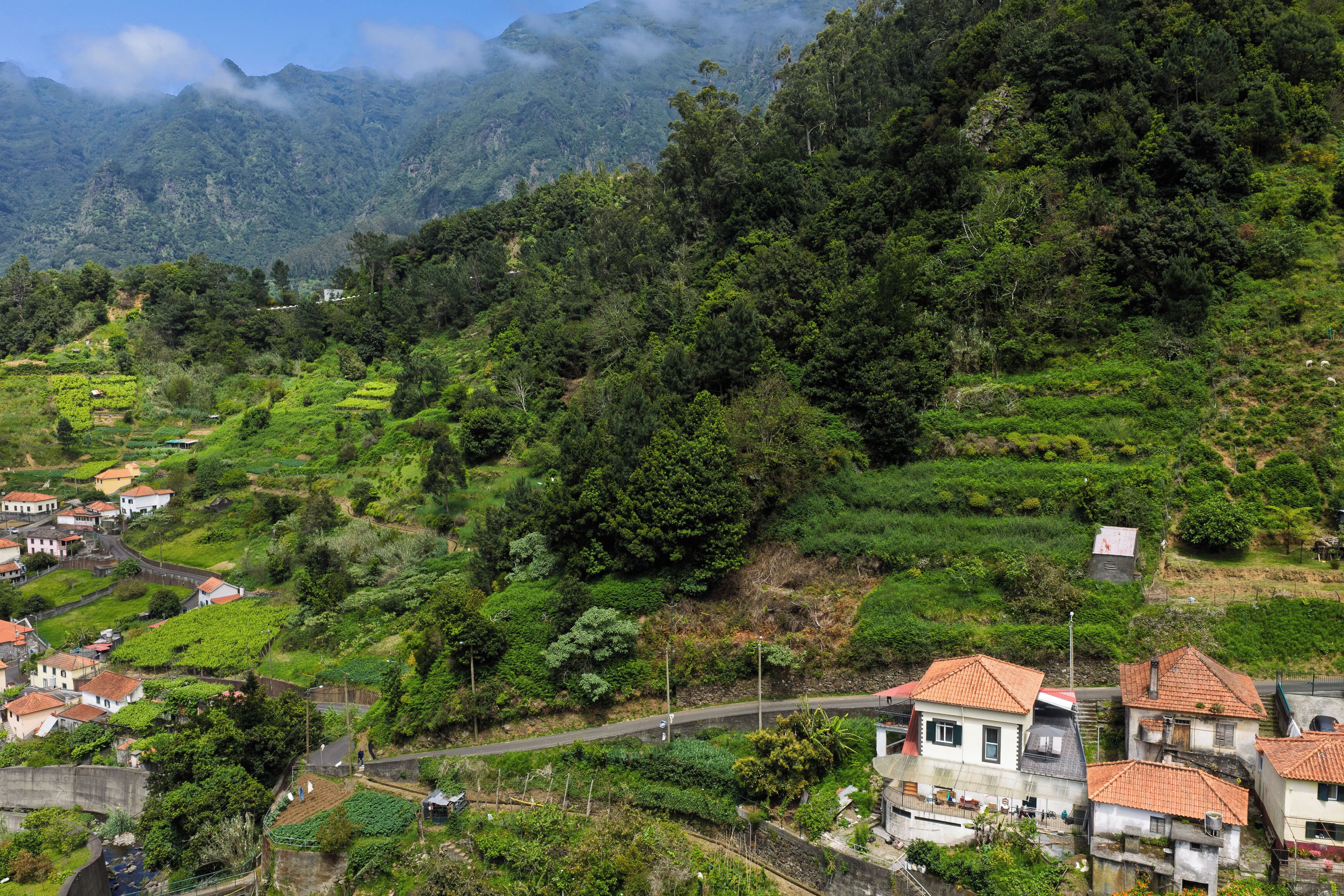 A hillside village with terraced fields, houses with red-tiled roofs, and a winding road.