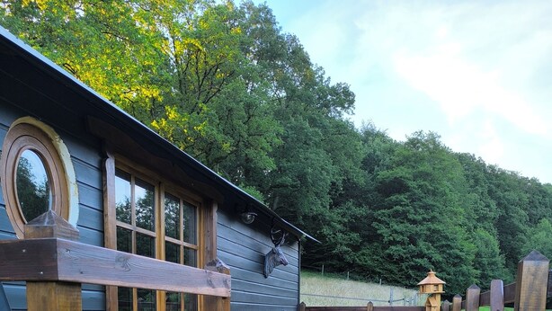 A wooden deck with outdoor seating, a staircase, and a cabin with a deer head decoration. - "La Maison Nomade" vacation rental in a paradise-like setting. Woods. Ponds. Very quiet (CHAGNY)