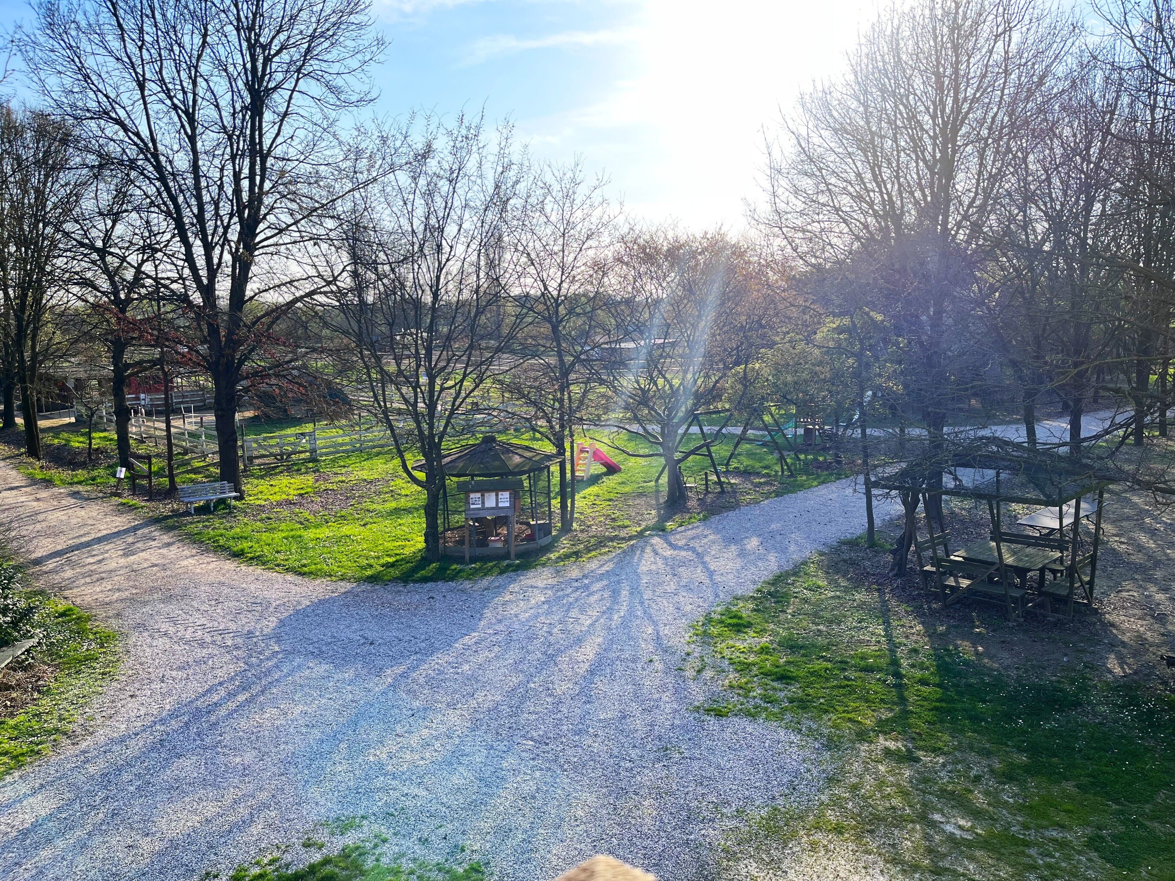 Ein Kiesweg führt zu einer Laube in einem Park mit Bäumen und einer Bank.. Zimmer Papaveri E Papere – Selleria in Caltana