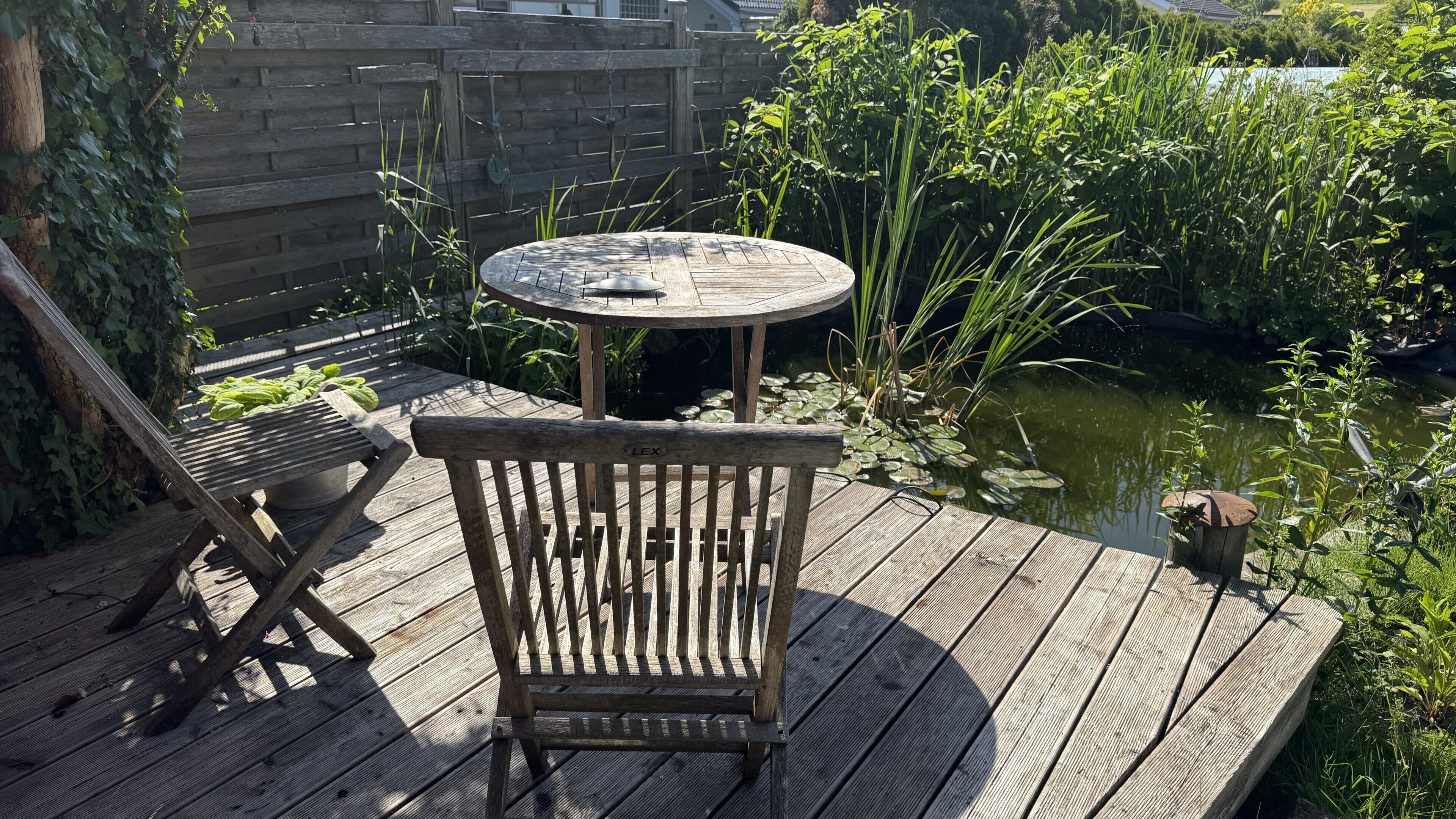 Una terraza de madera con una mesa redonda y una silla, rodeada de abundante vegetación y un estanque.