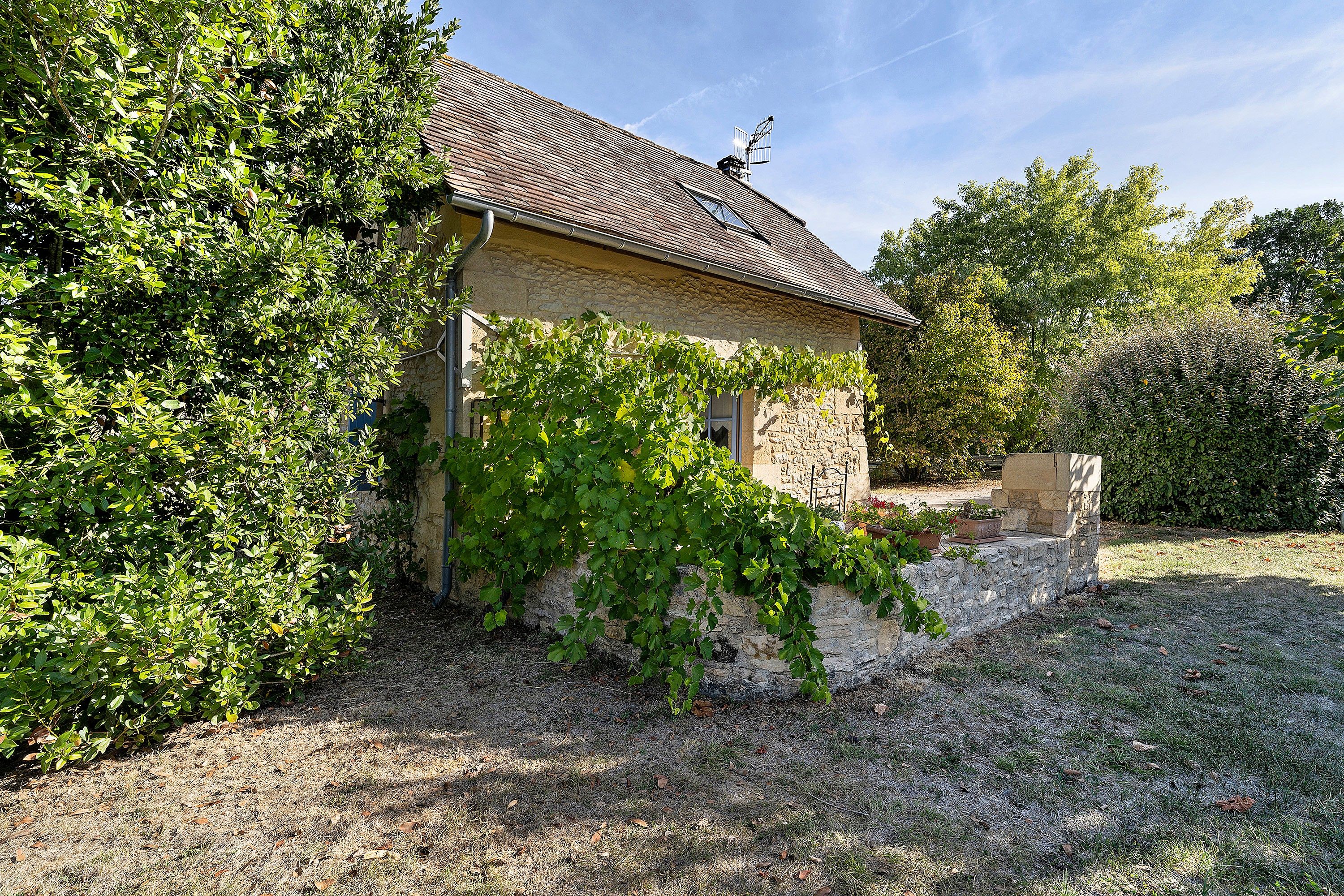 A stone building with a tiled roof, surrounded by dense greenery and a clear sky.