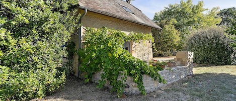 Un edificio in pietra con tetto in tegole, circondato da fitta vegetazione e cielo sereno.