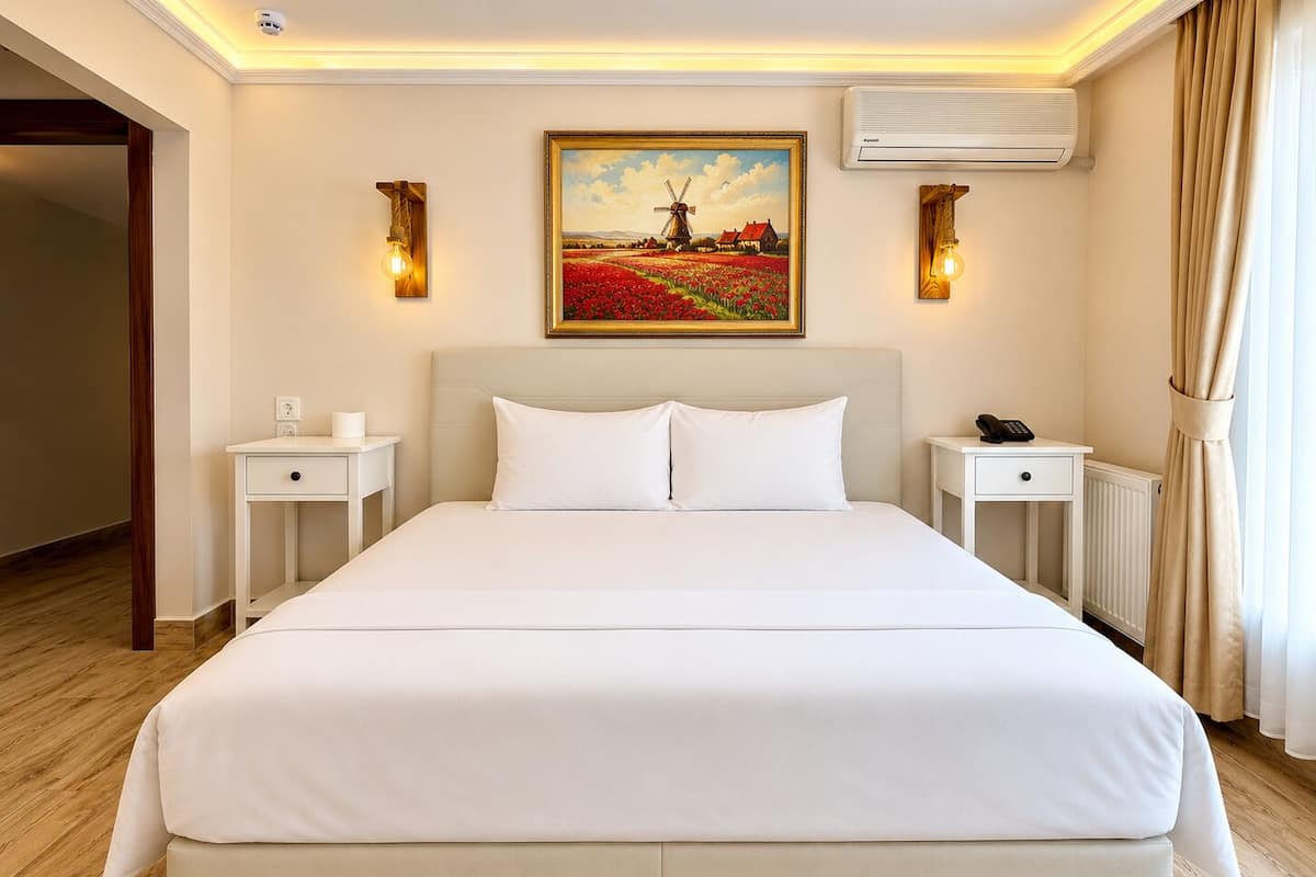 Una habitación de hotel con una cama grande, dos mesitas de noche, un cuadro de un molino y un equipo de aire acondicionado.