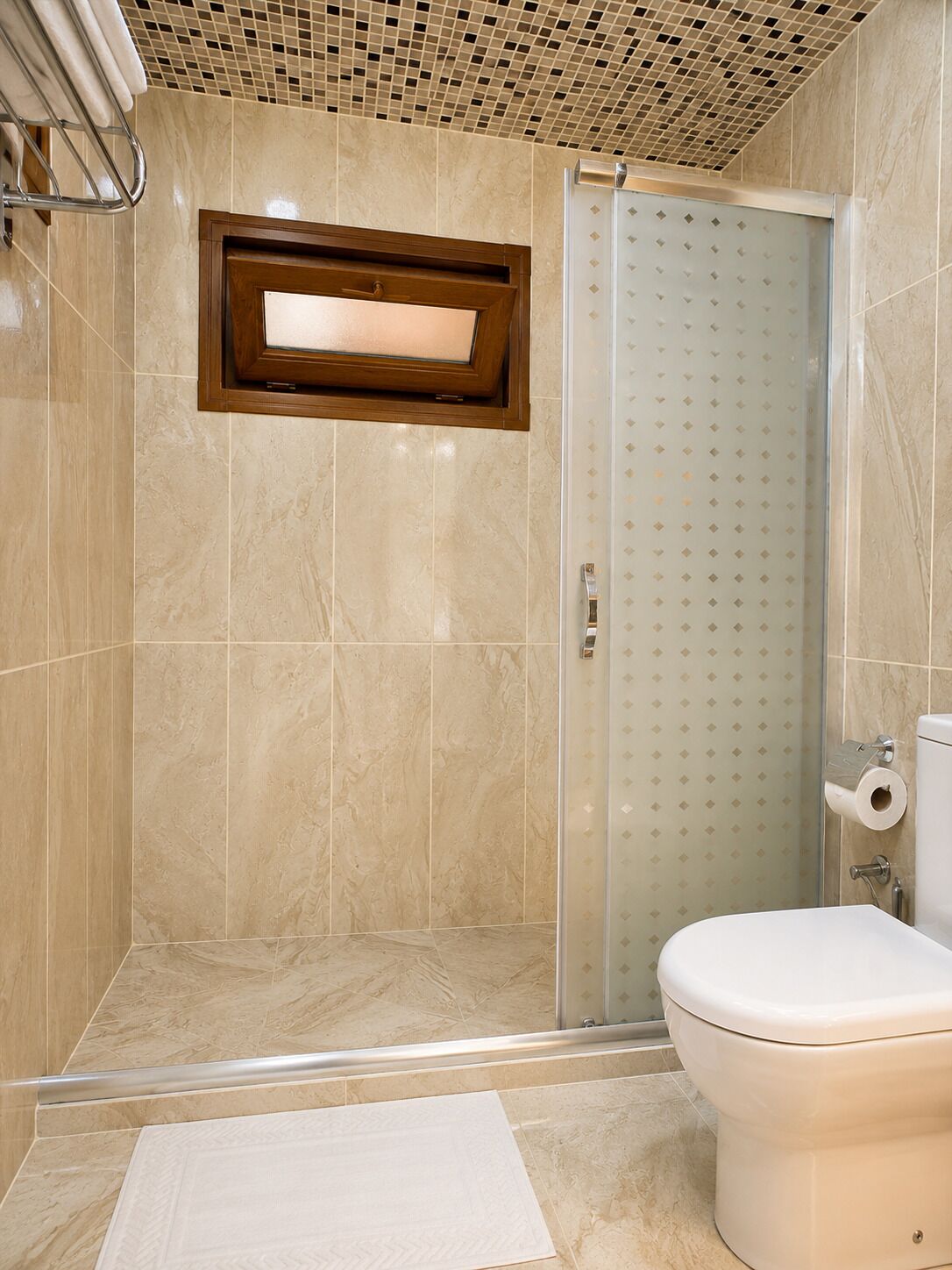 A bathroom with a shower, toilet, and a towel rack.