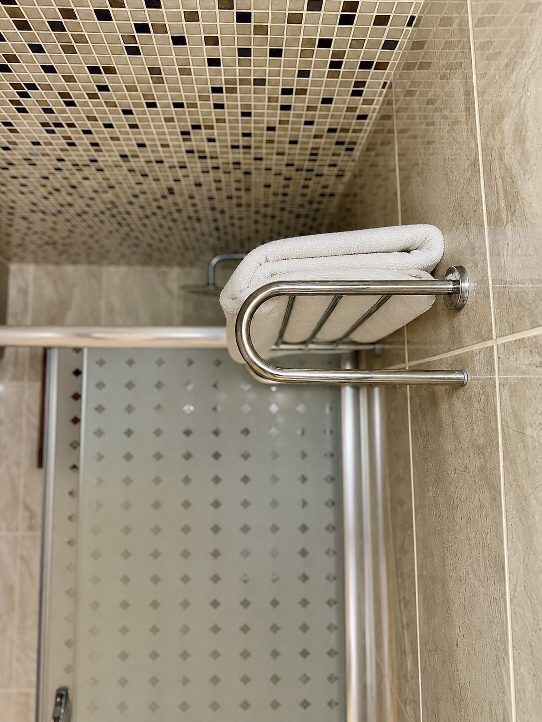 A shower area with a glass door, a metal towel rack, and a tiled wall.