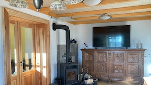 Una sala de estar con chimenea, armarios de madera, televisor y puerta de cristal.