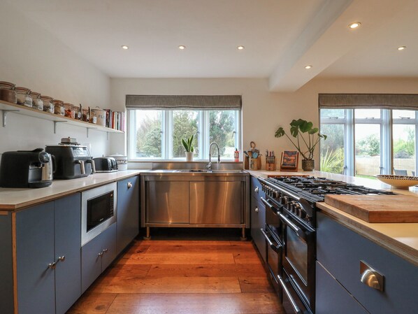 A modern kitchen with stainless steel appliances, wooden flooring, and large windows offering a view of the outdoors. - Denmark House (Chatham)