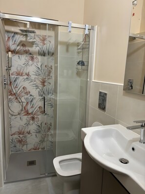 A bathroom with a shower, toilet, sink, and a mirror. - La Casa Di Memmo in the Heart of the Sienese Countryside (Petroio)