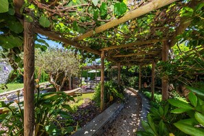 A wooden pergola structure with climbing plants, a garden bed, and a stone pathway. - Villa Ninfea - Capri Garden Retreat (Capri)