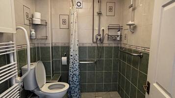 Een haardroger, handdoeken, zeep, toiletpapier