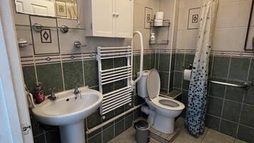 Hair dryer, towels, soap, toilet paper
