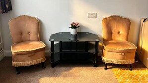 Two armchairs, a small table with a vase, and a power outlet on a plain wall. - Stylisg retreat with private entrance, minutes from blue water.Free parking (Stone)