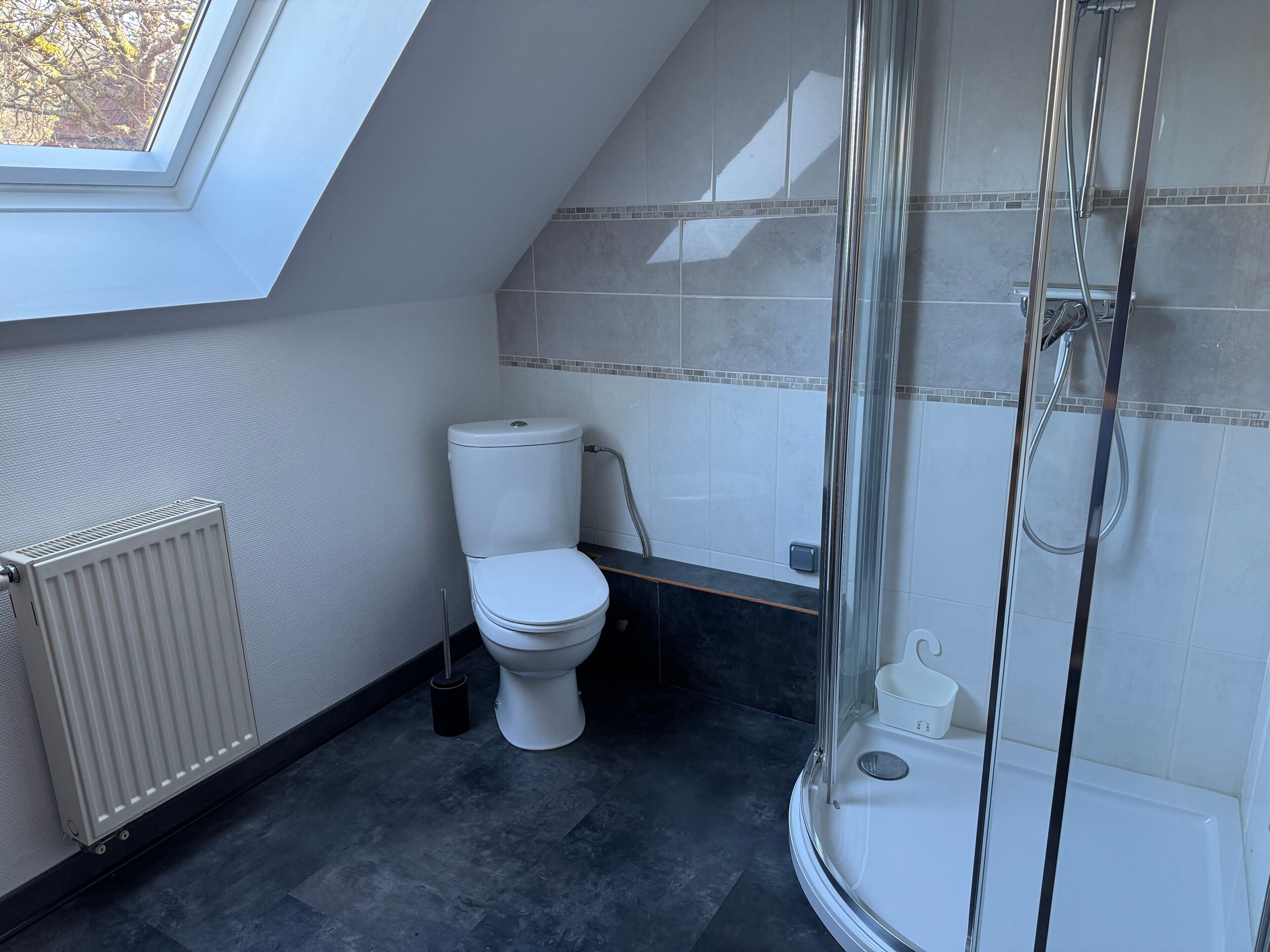 A modern bathroom with a skylight, a toilet, a shower enclosure, and a radiator.