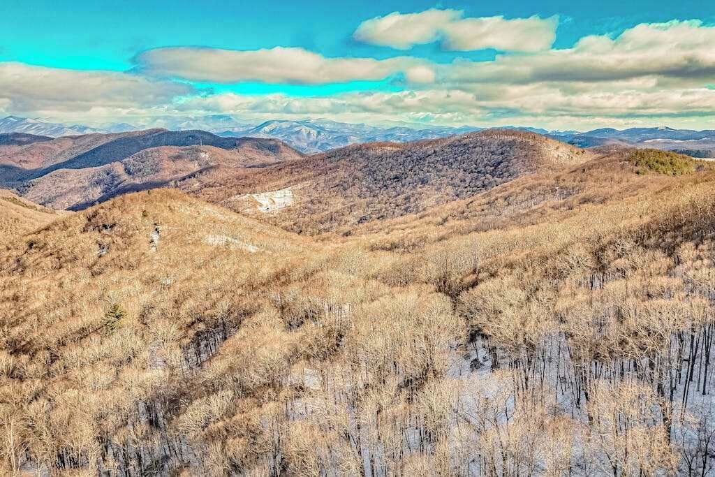 A mountainous landscape with dry vegetation and distant snow-capped peaks.