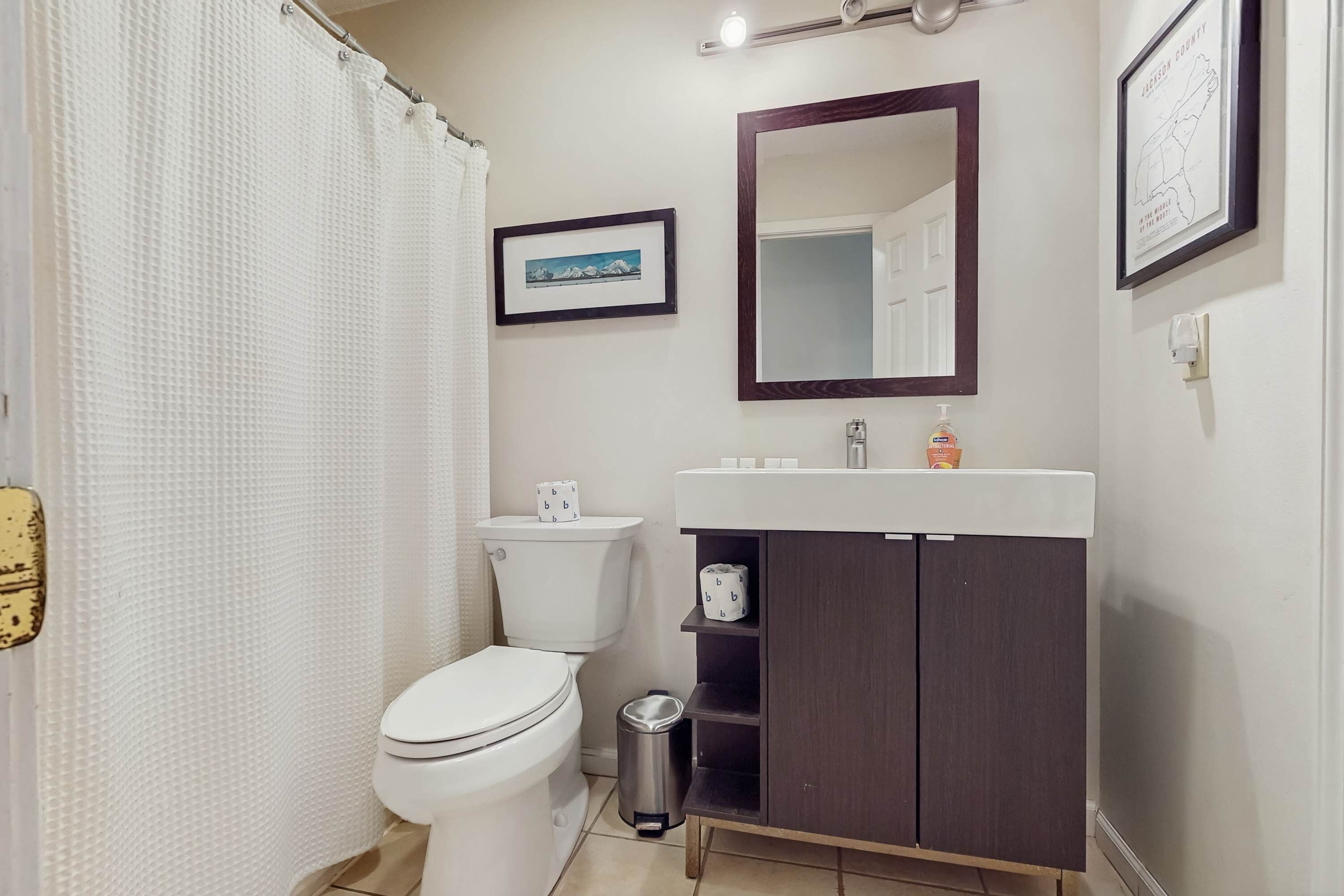 Ein Badezimmer mit Toilette, Waschbecken, Spiegel und Duschvorhang.