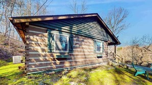 A log cabin with a steep roof, a front porch, and a small window. - Family Jewel (Whittier)