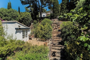 A stone staircase leading up to a building surrounded by lush greenery. - Villa in Carqueiranne, 5 bedrooms, 5 bathrooms, heated pool, air conditioning. Beach 2.5km away (Carqueiranne)