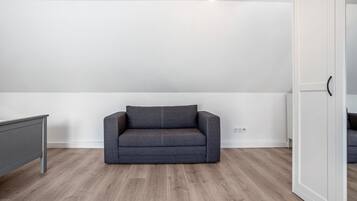 Una habitación con un sofá gris, un armario gris y un ropero blanco.