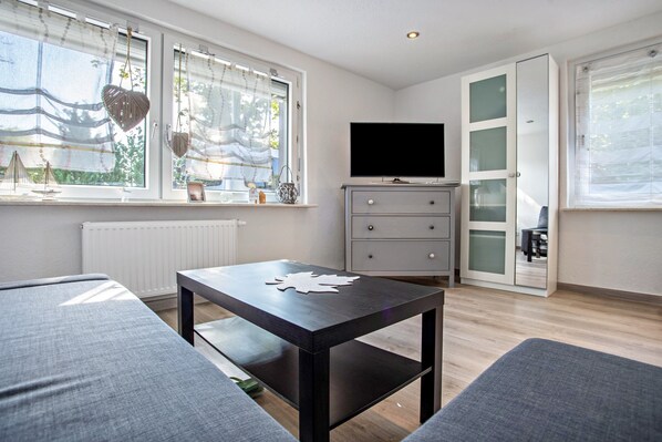 A modern living room with a sofa, a small table, a TV, and a window with curtains. - Holiday home for 2 guests (70 m²) in Trent (Rügen) (Trent)